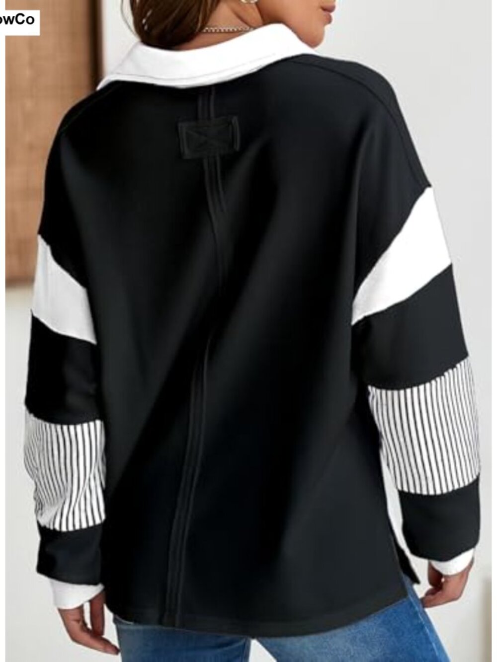Oversized Color Block Long Sleeve V-Neck Pullover Sweatshirt Women Casual - Picture 4 of 6
